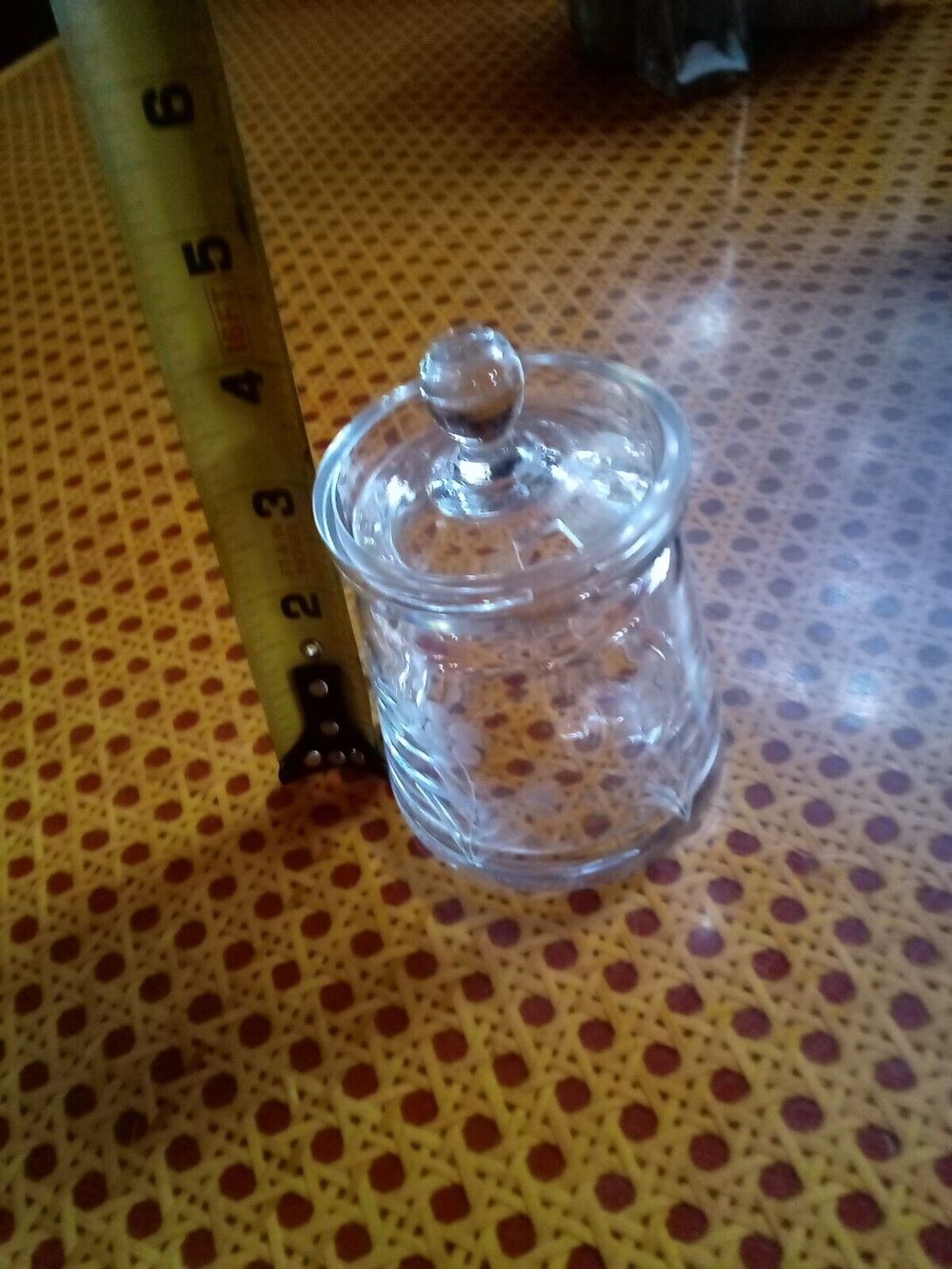 Vintage Clear Glass Flower Etched Sugar Bowl & Lid With Opening For Spoon